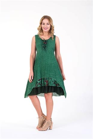 4533 Yakası İpli Eteği Parçalı Kolsuz Pamuk Otantik Elbise