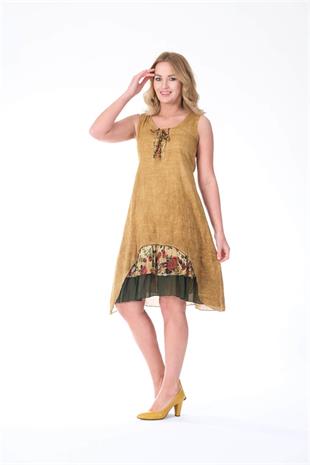 4533 Yakası İpli Eteği Parçalı Kolsuz Pamuk Otantik Elbise