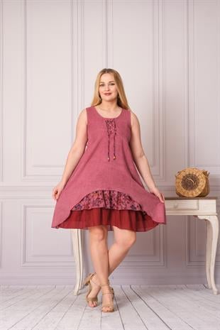 4533 Yakası İpli Eteği Parçalı Kolsuz Pamuk Otantik Elbise