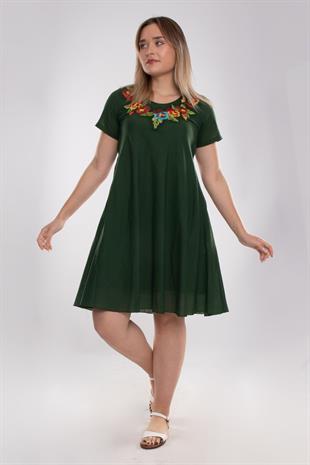 4614 Yaka Çiçek Nakışlı Beli İpli KısaKol Pamuk Otantik Elbise