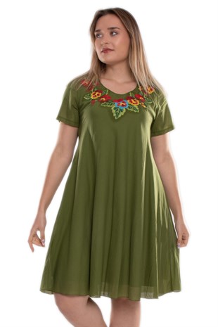 4614 Yaka Çiçek Nakışlı Beli İpli KısaKol Pamuk Otantik Elbise