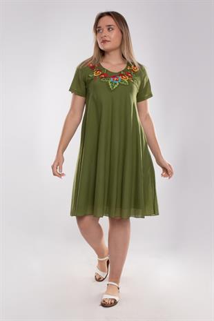 4614 Yaka Çiçek Nakışlı Beli İpli KısaKol Pamuk Otantik Elbise