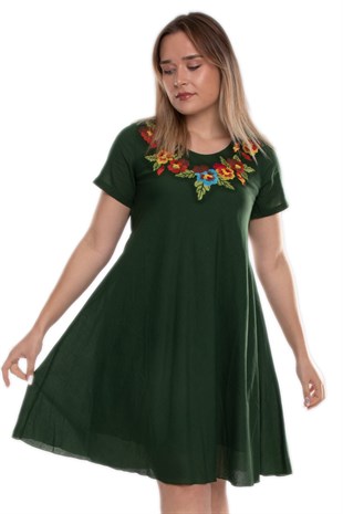 4614 Yaka Çiçek Nakışlı Beli İpli KısaKol Pamuk Otantik Elbise