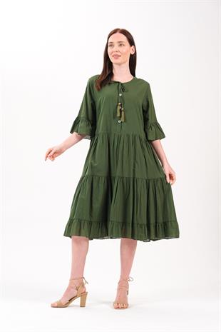 4641-3 Büyük Beden Yaka Düğmeli Truvakar Kol Pamuklu Otantik Elbise