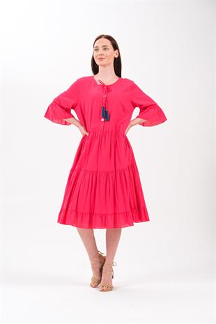 4641-3 Büyük Beden Yaka Düğmeli Truvakar Kol Pamuklu Otantik Elbise