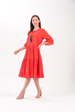 4641-3 Büyük Beden Yaka Düğmeli Truvakar Kol Pamuklu Otantik Elbise