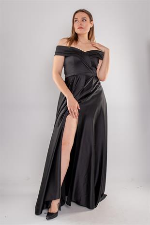 4667-1 Büyük Beden Madonna Yaka Yırtmaçlı Uzun Saten Elbise