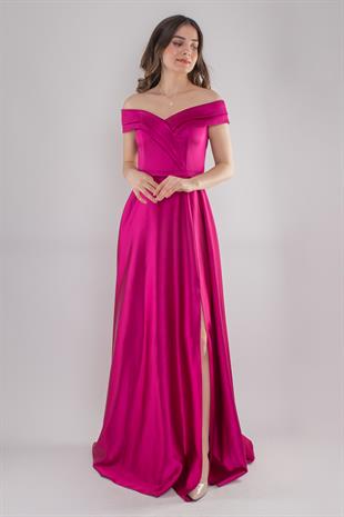 4667 Madonna Yaka Yırtmaçlı Uzun Saten Elbise