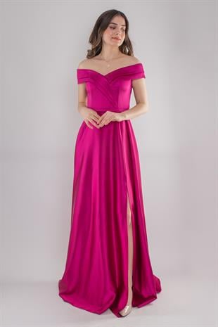 4667 Madonna Yaka Yırtmaçlı Uzun Saten Elbise