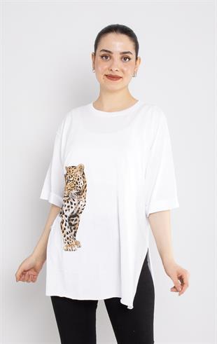 4682 Ön Arka Leopar Taş Baskılı Pamuklı Tshirt