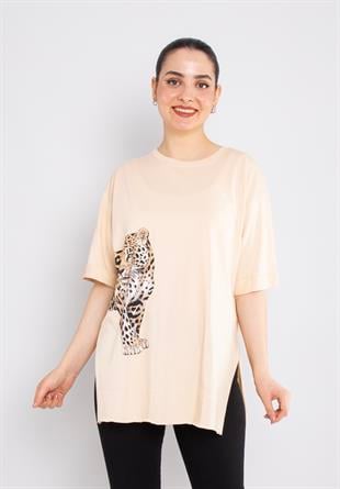 4682 Ön Arka Leopar Taş Baskılı Pamuklı Tshirt
