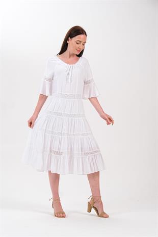 4717 Yaka İp Büzgülü Dantel Detay Pamuk Otantik Elbise