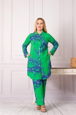 4748-1 Desenli Pamuk Gömlek Pantolon Otantik Tesettür İkili Takım