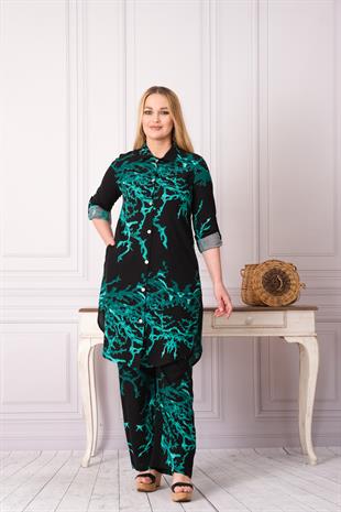 4748-1 Desenli Pamuk Gömlek Pantolon Otantik Tesettür İkili Takım