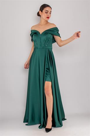 475 Kayık Yaka Detay Sırtı İpli Boncuk İşleme Uzun Saten Elbise