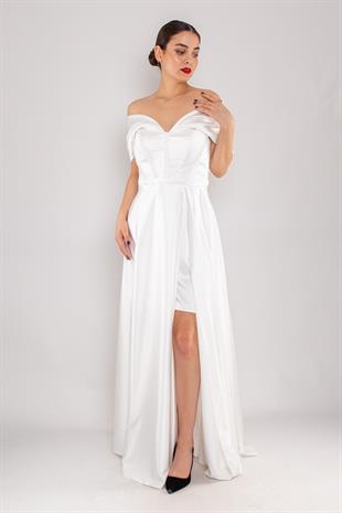 475 Kayık Yaka Detay Sırtı İpli Boncuk İşleme Uzun Saten Elbise