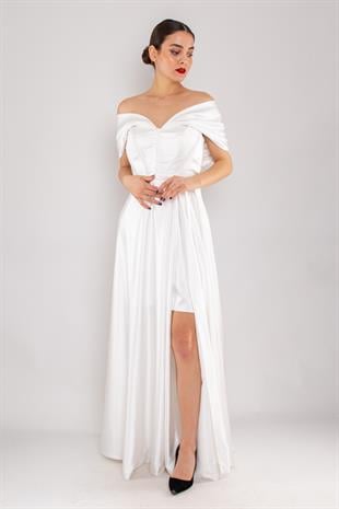 475 Kayık Yaka Detay Sırtı İpli Boncuk İşleme Uzun Saten Elbise