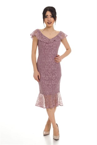 4781 KB Yakası Valonlu Kısa Dantel Elbise