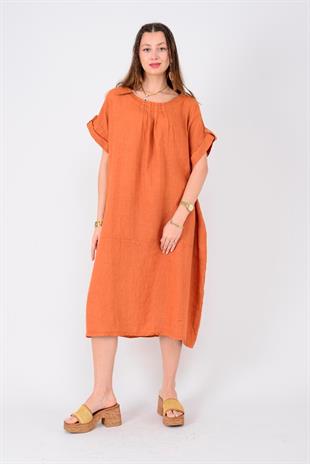 4829 Düz Desen Yakada Büzgü Detaylı Kısa Kol Cepli Keten Elbise