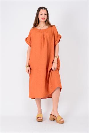 4829 Düz Desen Yakada Büzgü Detaylı Kısa Kol Cepli Keten Elbise