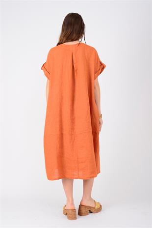 4829 Düz Desen Yakada Büzgü Detaylı Kısa Kol Cepli Keten Elbise