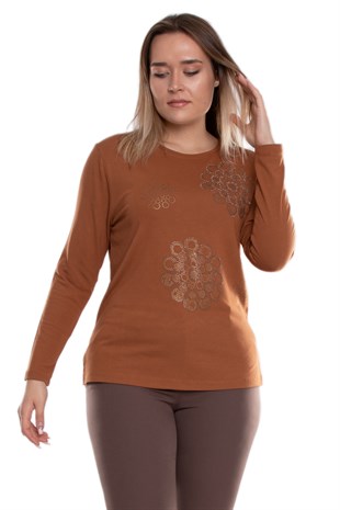 5010 Büyük Beden Taşlı Daire Baskılı Viscon Kadın Bluz