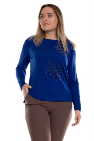 5010 Büyük Beden Taşlı Daire Baskılı Viscon Kadın Bluz