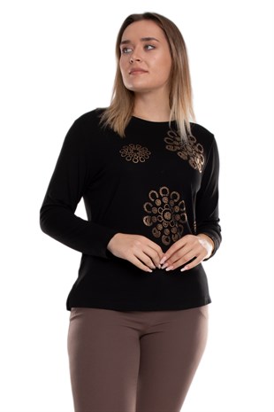 5010 Büyük Beden Taşlı Daire Baskılı Viscon Kadın Bluz