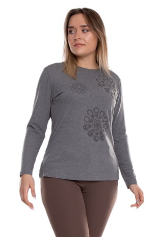 5010 Büyük Beden Taşlı Daire Baskılı Viscon Kadın Bluz