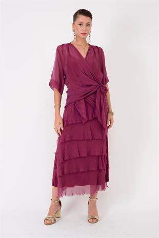 5015 Saçak Detaylı Bağlamalı Kruvaze İpek Elbise