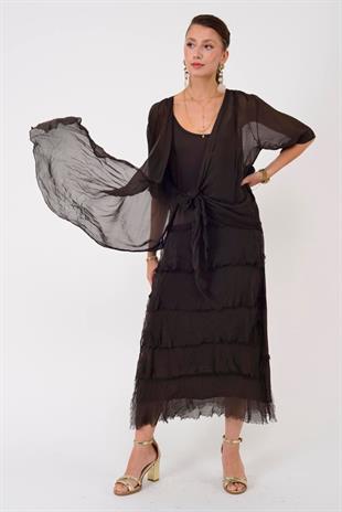 5015 Saçak Detaylı Bağlamalı Kruvaze İpek Elbise