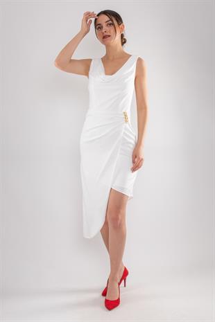 5015 Yanı Taşlı Degaje Yaka Kısa Elbise