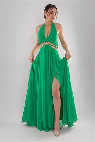 5020 Bel Dekolte Toka Detay Şifon Uzun Elbise