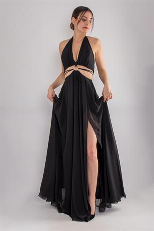 5020 Bel Dekolte Toka Detay Şifon Uzun Elbise