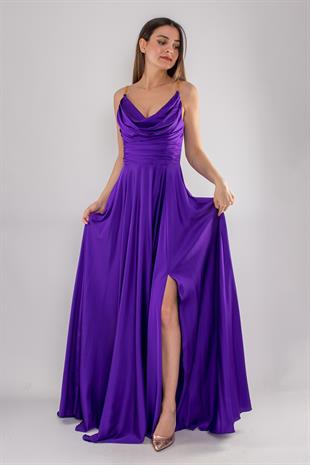 5022 Bel Drape Şal Yaka Saten Kloş Uzun Elbise