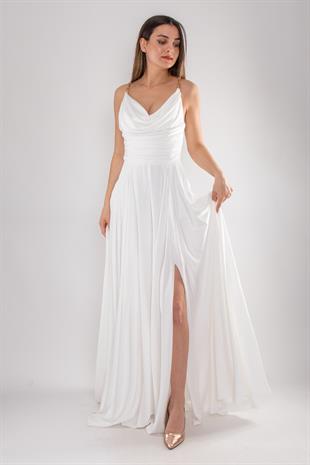 5022 Bel Drape Şal Yaka Saten Kloş Uzun Elbise