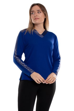 5022 Büyük Beden Vyaka Omuz Kol Kazayağı Desen Viscon Kadın Bluz