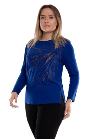 5026 Büyük Beden Taş Detay Leopar Desenli Viscon Kadın Bluz