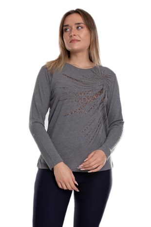 5026 Büyük Beden Taş Detay Leopar Desenli Viscon Kadın Bluz