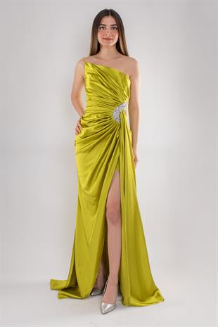 5029 Tek Omuz Beli Drape Taş Detay Uzun Saten Elbise
