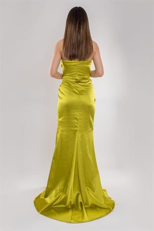 5029 Tek Omuz Beli Drape Taş Detay Uzun Saten Elbise