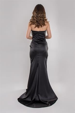 5029 Tek Omuz Beli Drape Taş Detay Uzun Saten Elbise