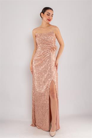 503 Pulpayet Straplez Uzun Yanı Drape Yırtmaçlı Elbise