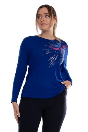 5030 Büyük Beden Yaldızlı Çiçek Baskılı Viscon Kadın Bluz