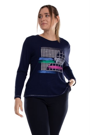 5031 Büyük Beden Kazayağı Desen Renkli Sim Detay Viscon Kadın Bluz