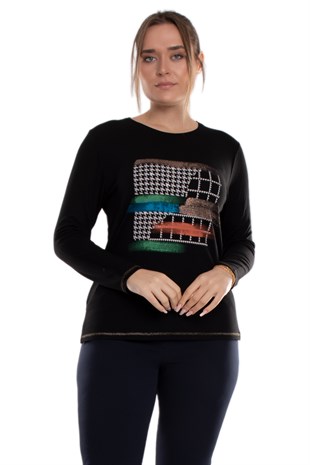 5031 Büyük Beden Kazayağı Desen Renkli Sim Detay Viscon Kadın Bluz