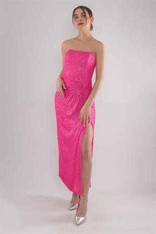 5034 Straplez Önü Büzgülü Pulpayet Uzun Elbise