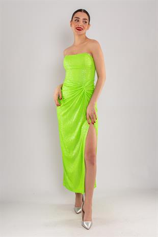 5034 Straplez Önü Büzgülü Pulpayet Uzun Elbise