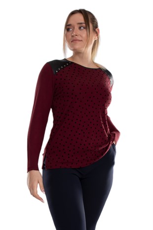 5037 Büyük Beden Omuz Deri ve Zımbalı Kadife Puantiyeli Viscon Kadın Bluz