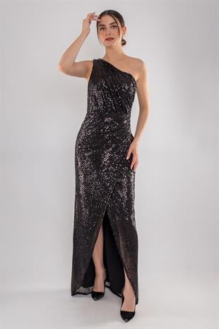 5037 Tek Omuz Drapeli Pulpayet Uzun Elbise